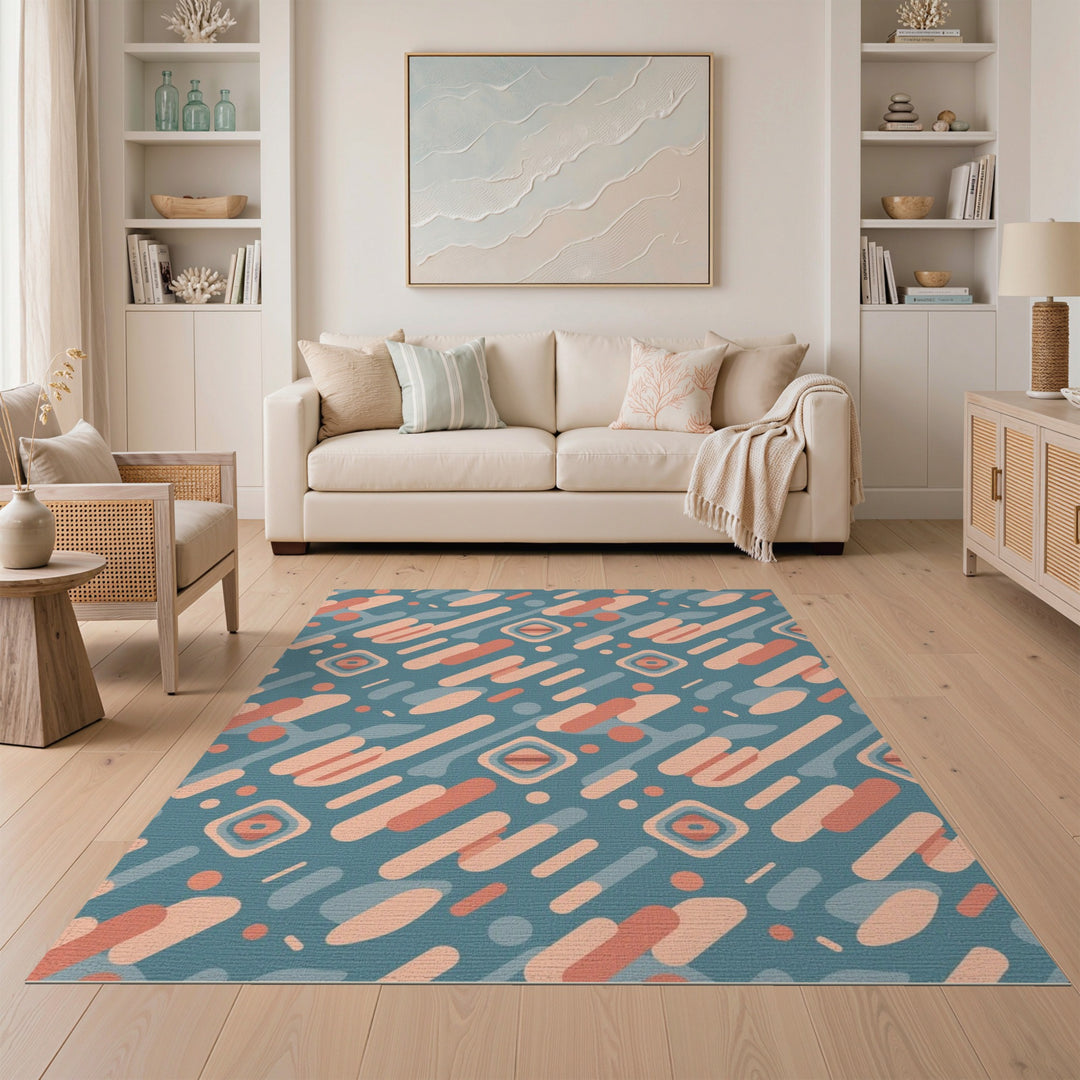 Blue Teal Geometric Washable Area Rug
