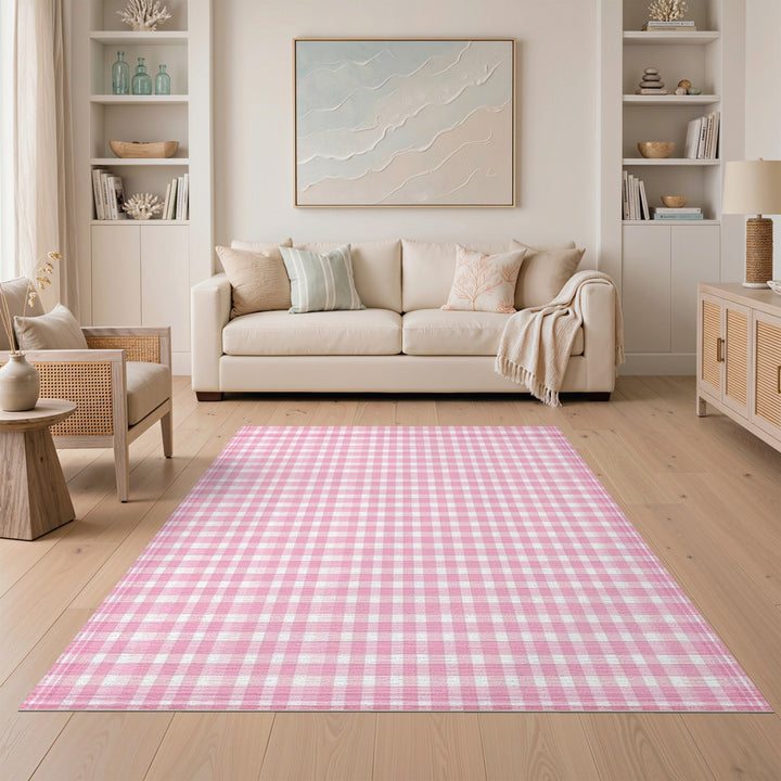 Washable Pink Gingham Checkered Washable Area Rug