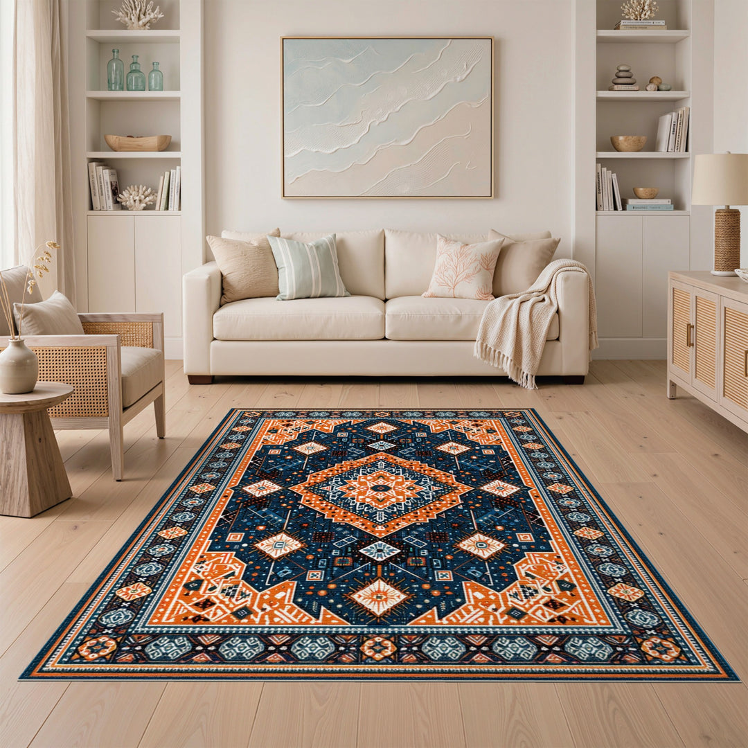 Navy Orange Geometric Area Rug