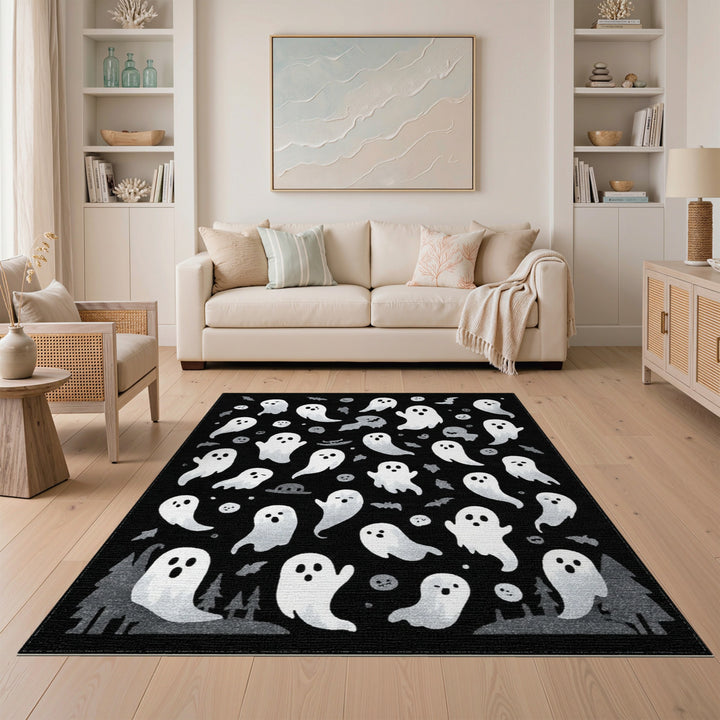 Ghostly Kids Cartoon Black White Area Rug