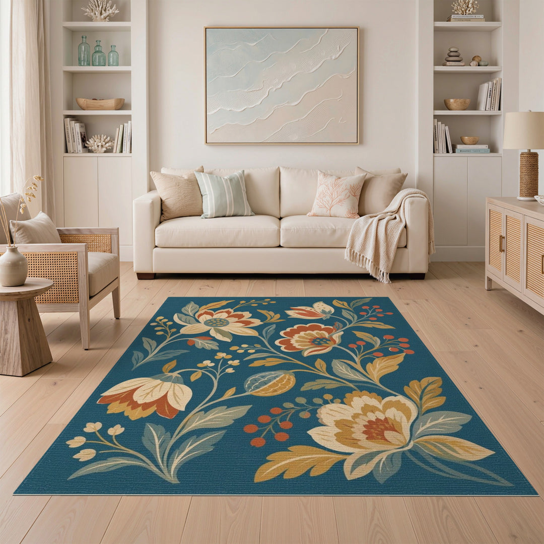 Vintage Floral Teal Washable Area Rug