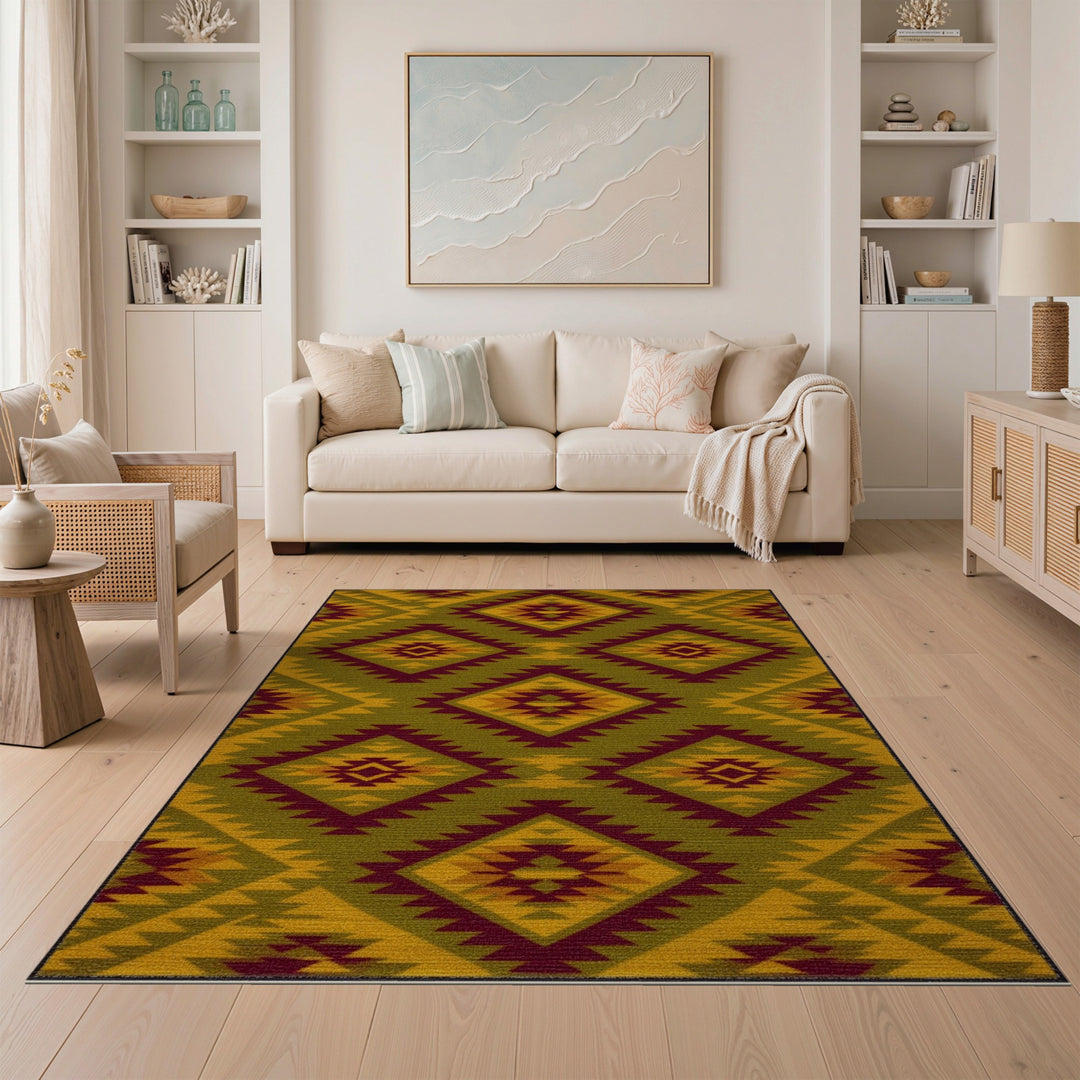 Southwestern Olive Green Geometric Area Rug