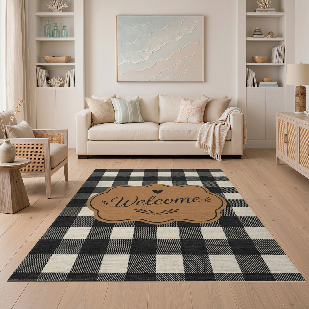 Black White Checkered Welcome Area Rug