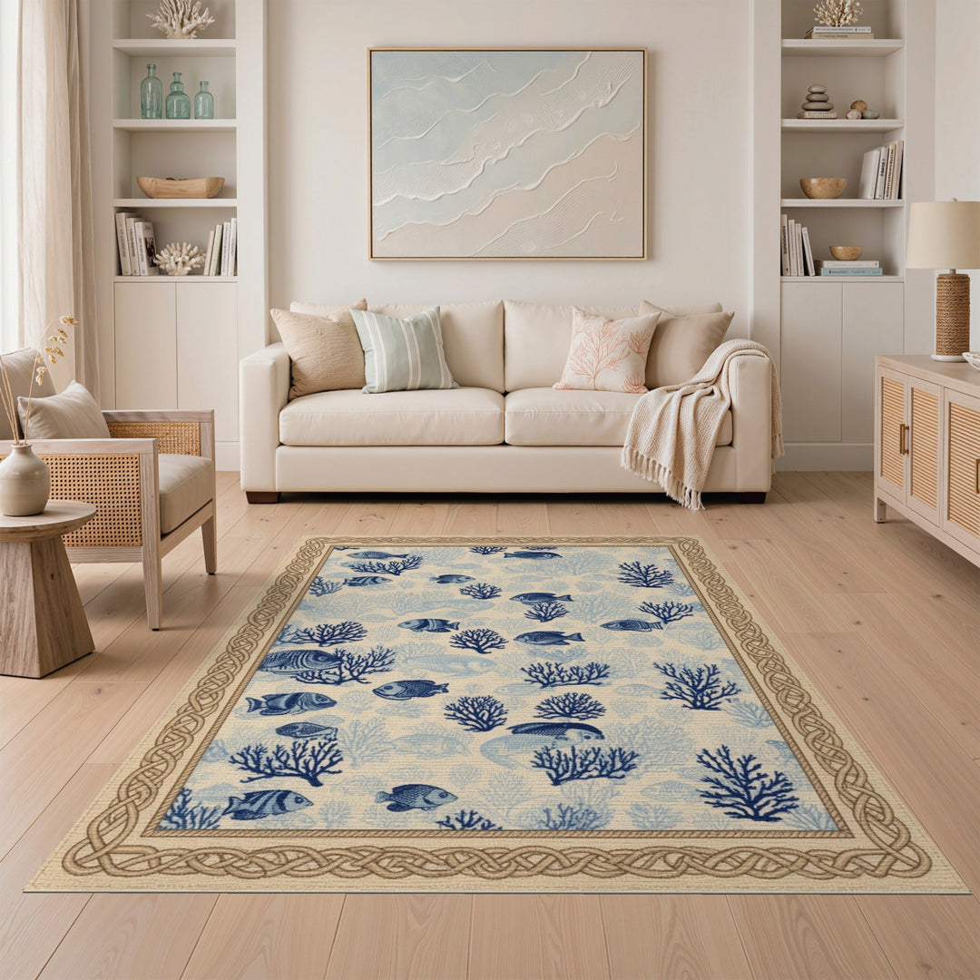 Blue Fish Coral Coastal Area Rug