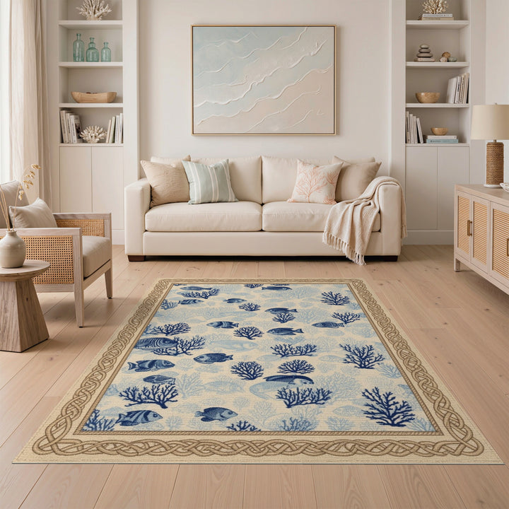 Blue Fish Coral Coastal Area Rug