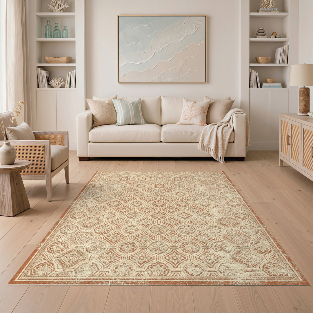 Distressed Vintage Brown Floral Medallion Area Rug