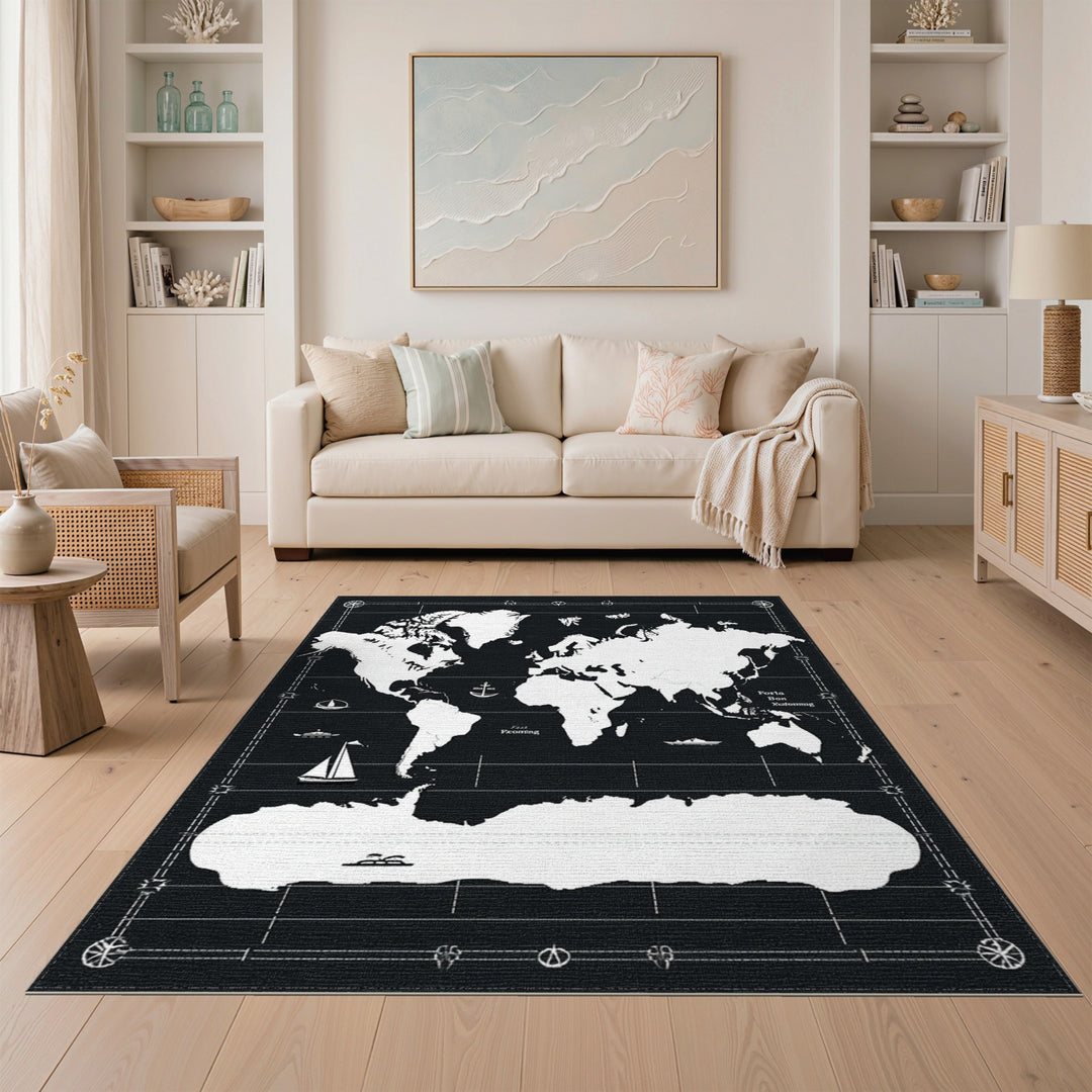 Black White World Map Nautical Area Rug