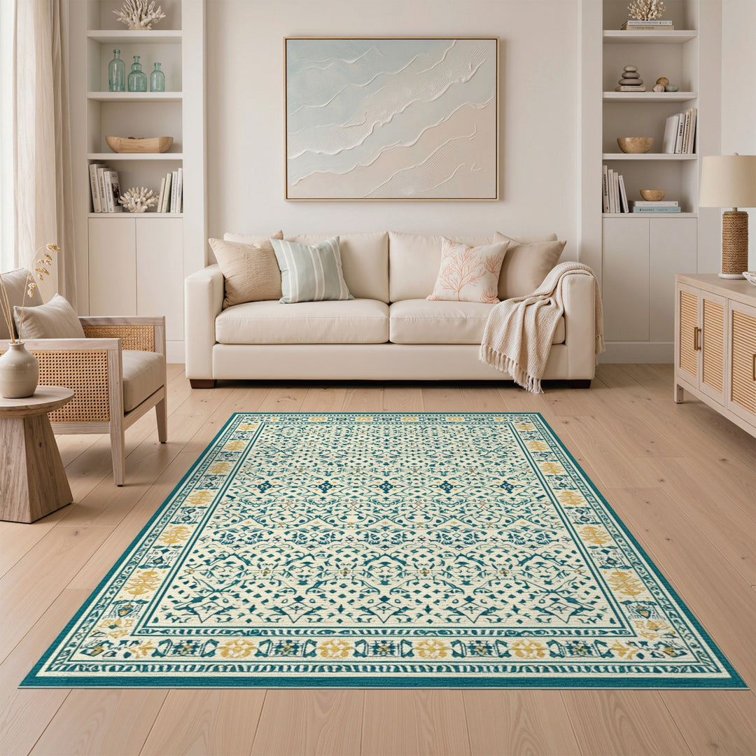 Teal Persian Area Rug with Gold Accents