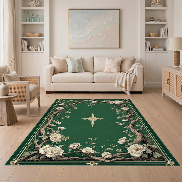 Green Floral Branch Vintage Area Rug