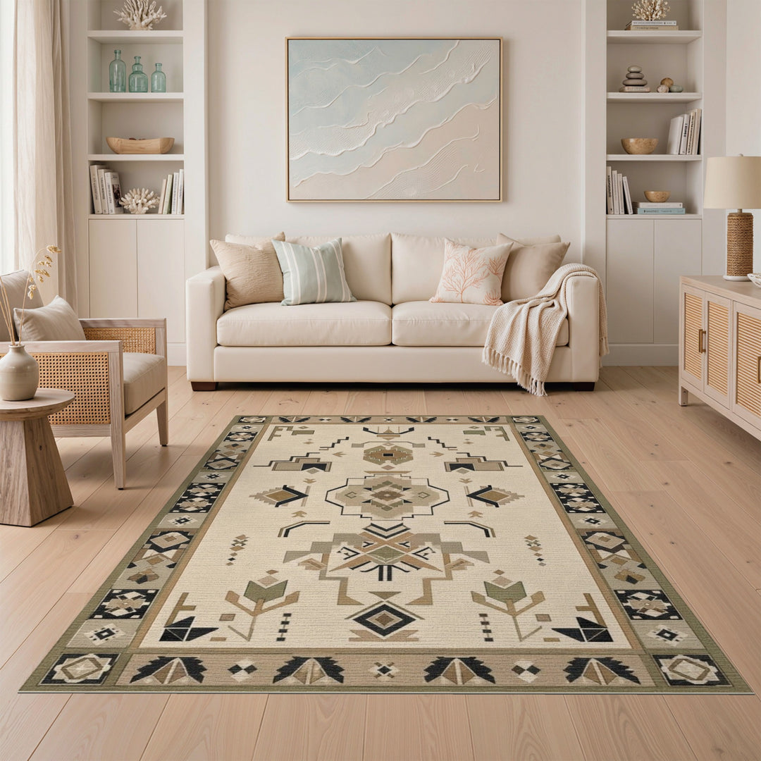 Beige Heritage Tribal Geometric Area Rug