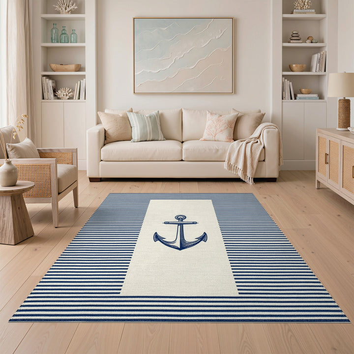 Navy Anchor Striped Coastal Area Rug