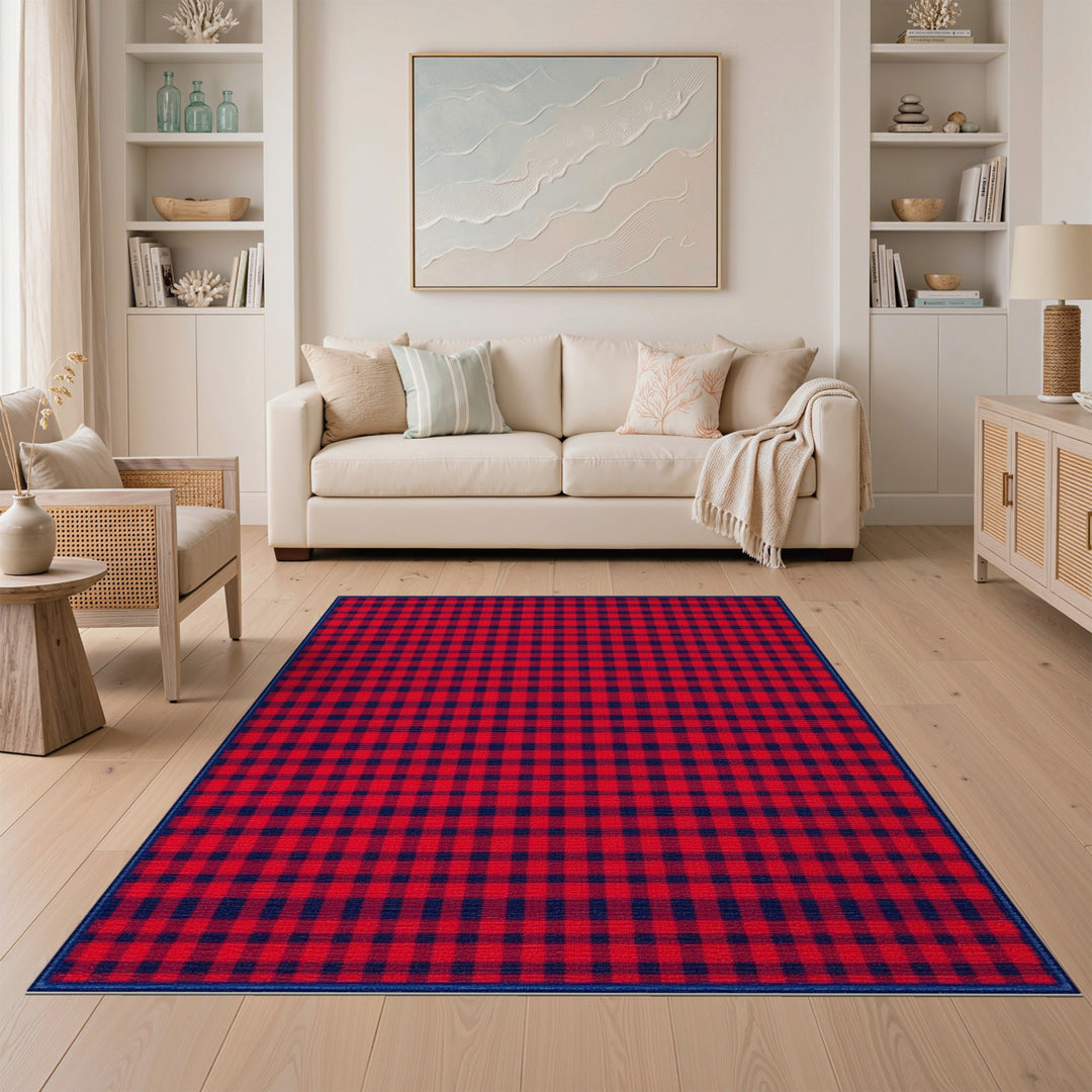 Red Navy Checkered Area Rug