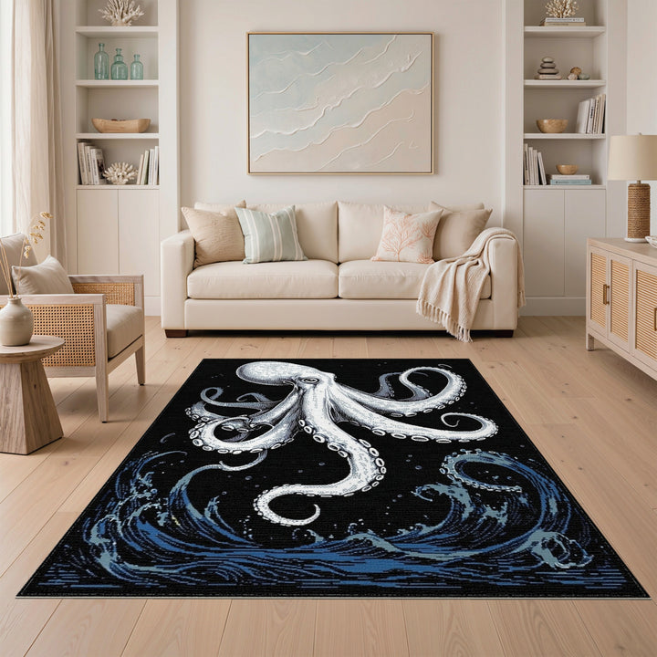 Octopus Waves Black White Area Rug