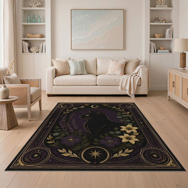 Black Cat Celestial Purple Floral Area Rug