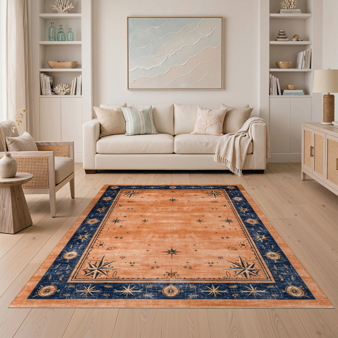 Orange Distressed Compass Star Area Rug