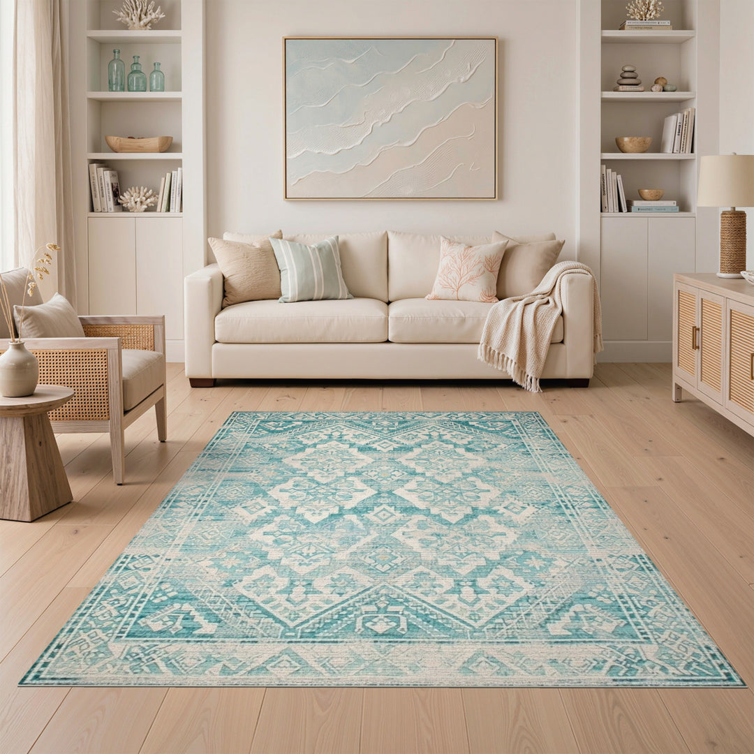 Teal Distressed Vintage Medallion Area Rug