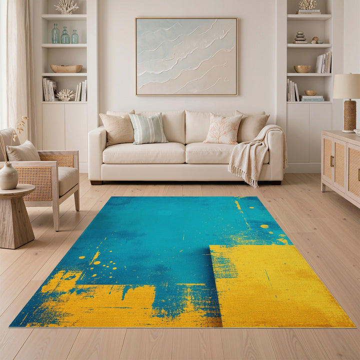 Teal Abstract Yellow Block Area Rug
