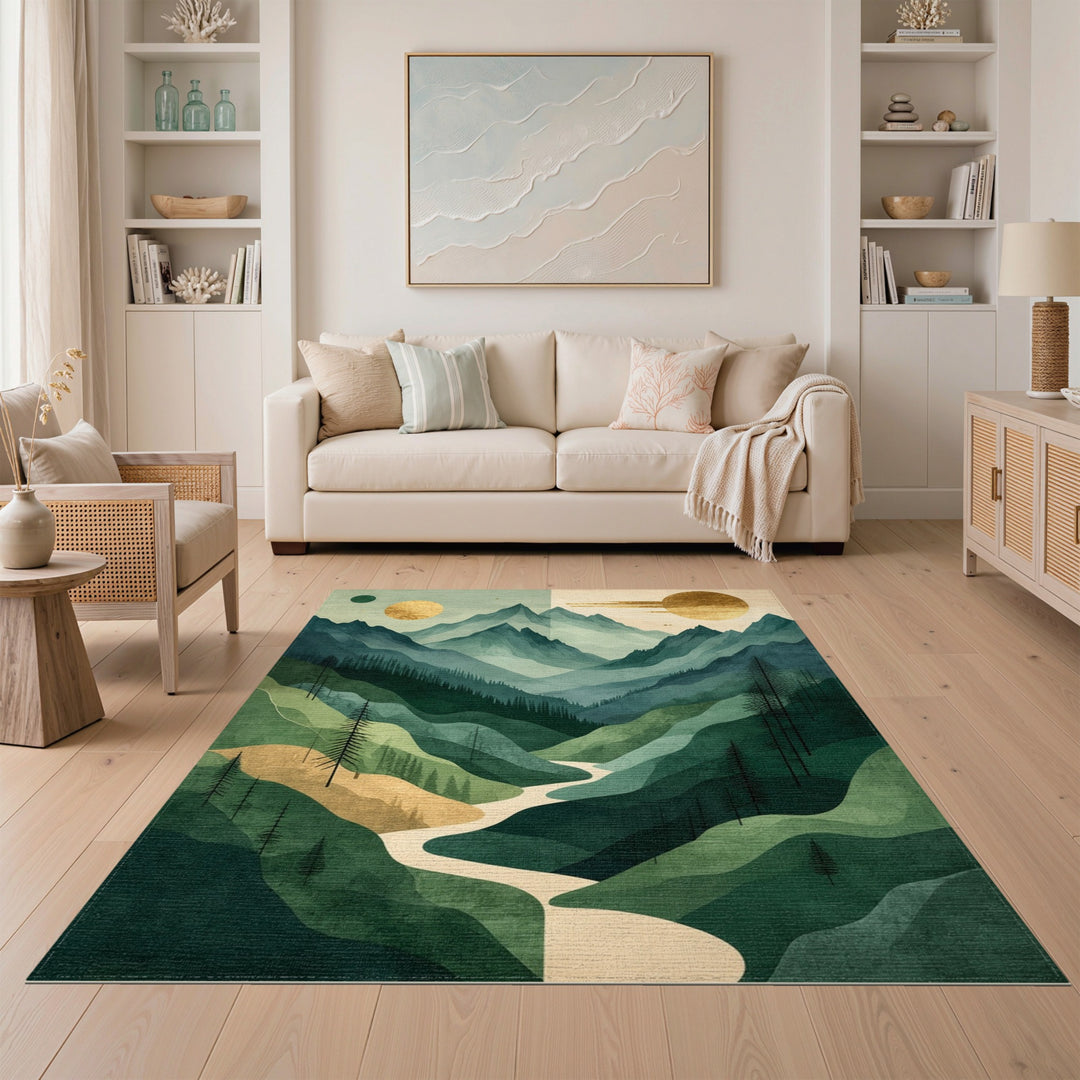 Green Mountain River Abstract Area Rug