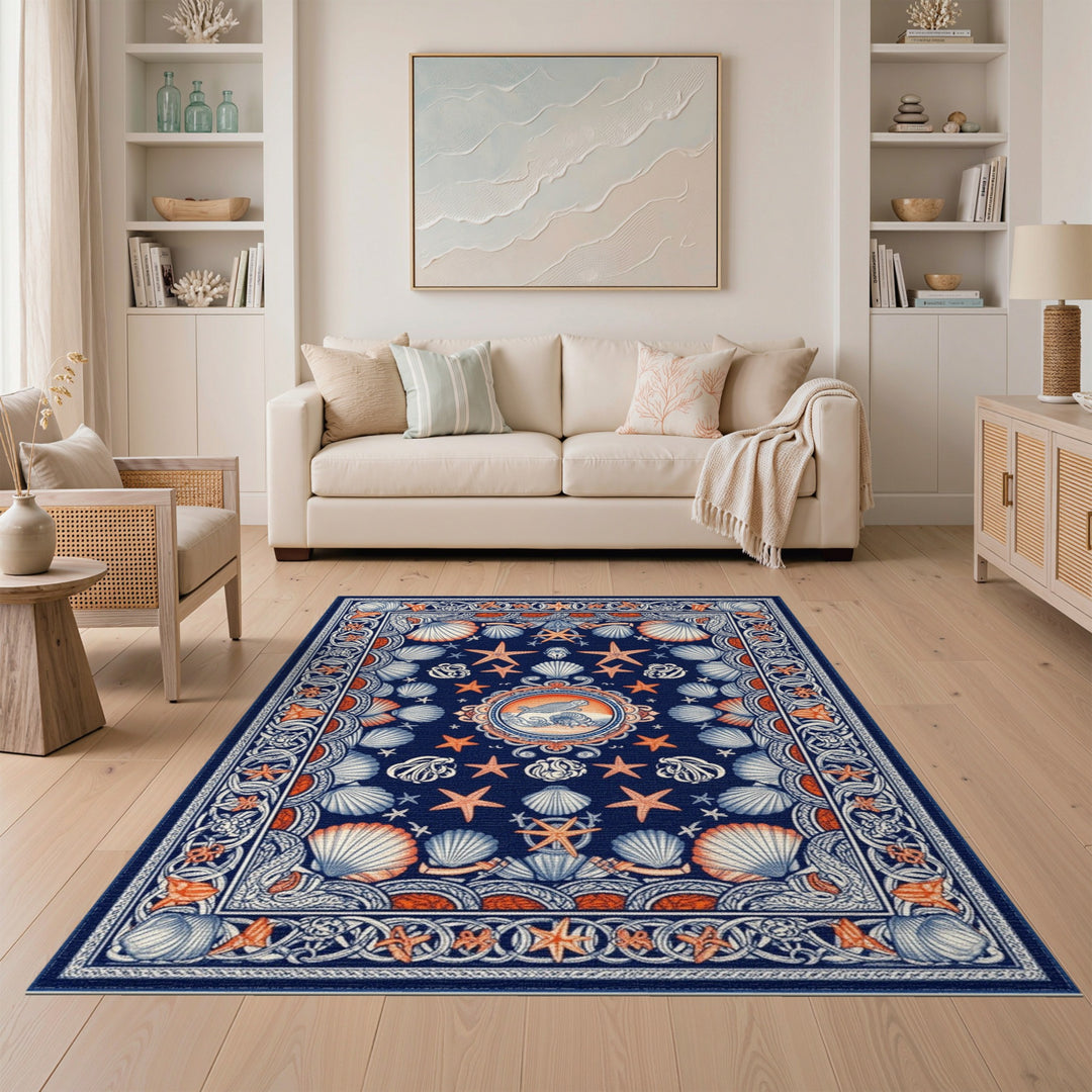 Navy Blue Coastal Seashell Starfish Area Rug