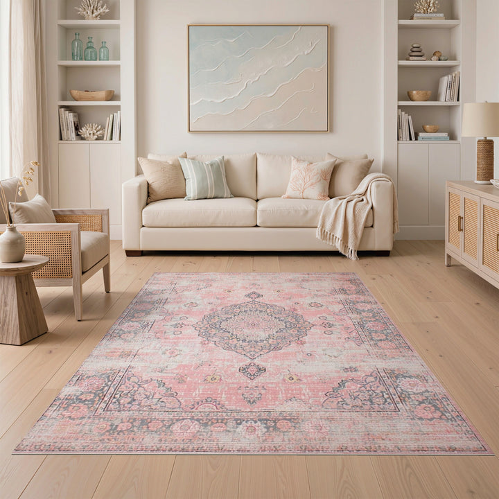 Pink Distressed Vintage Medallion Area Rug