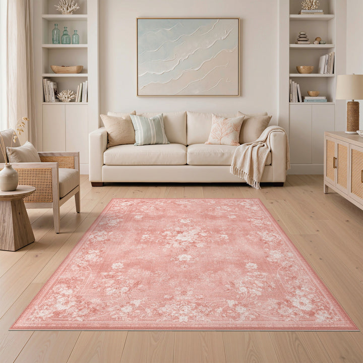 Pink Floral Vintage Washable Area Rug