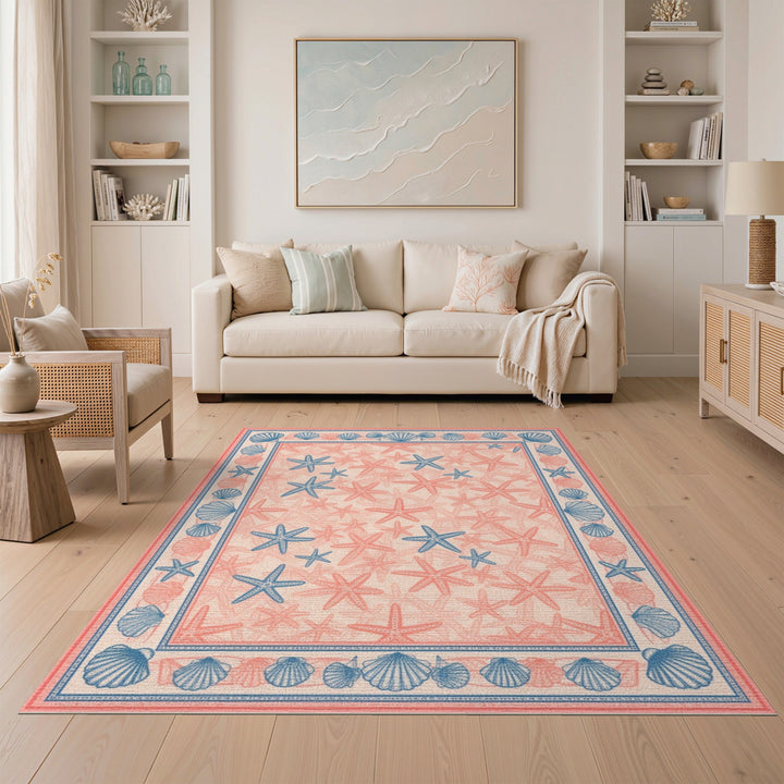 Blue Coastal Seashell and Starfish Area Rug
