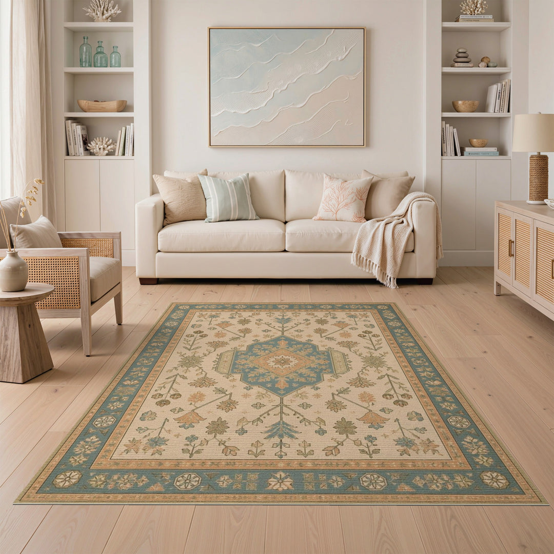 Vintage Teal Floral Medallion Area Rug