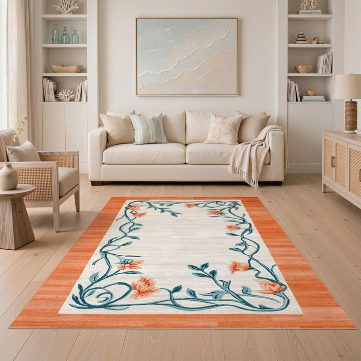 Beige Floral Vine Area Rug with Teal Border