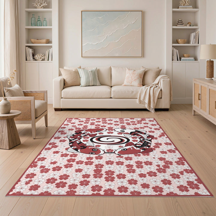 Koi Fish Circle Pink Floral Rug