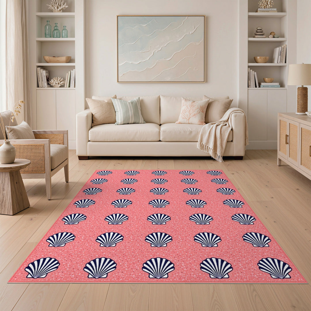 Pink Navy Seashell Washable Area Rug