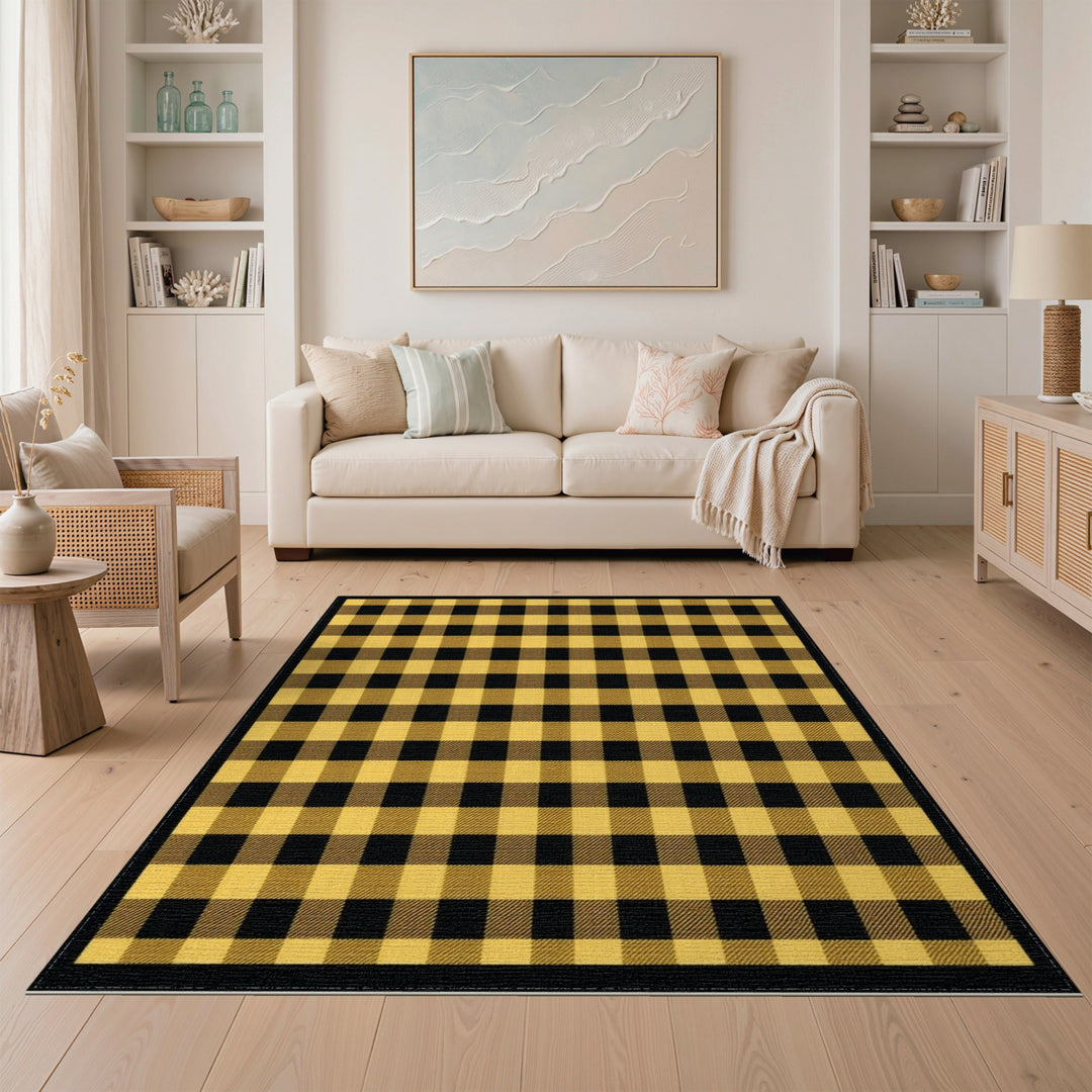 Yellow Black Checkered Area Rug