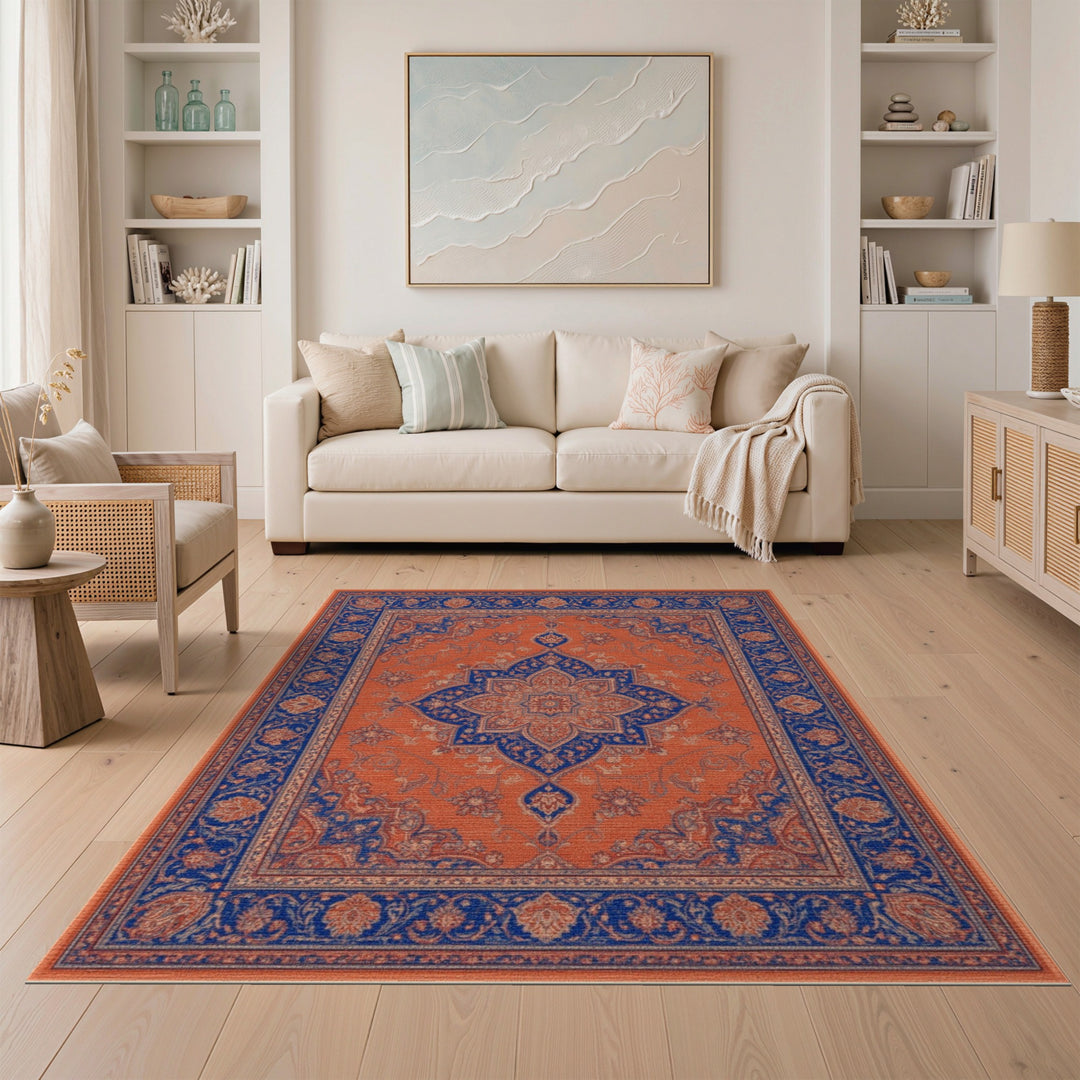Traditional Persian Orange Blue Persian Medallion Area Rug