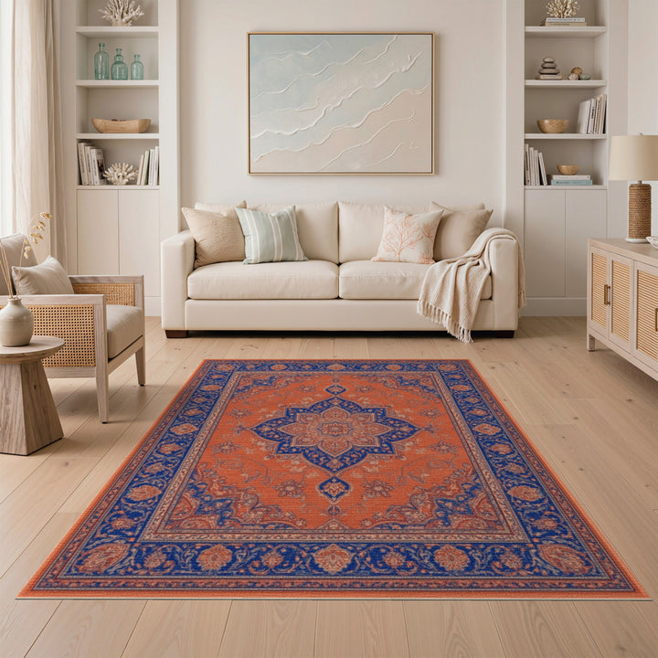 Traditional Persian Orange Blue Persian Medallion Area Rug