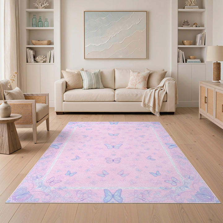 Kids Cartoon Pink Butterfly Kids Area Rug