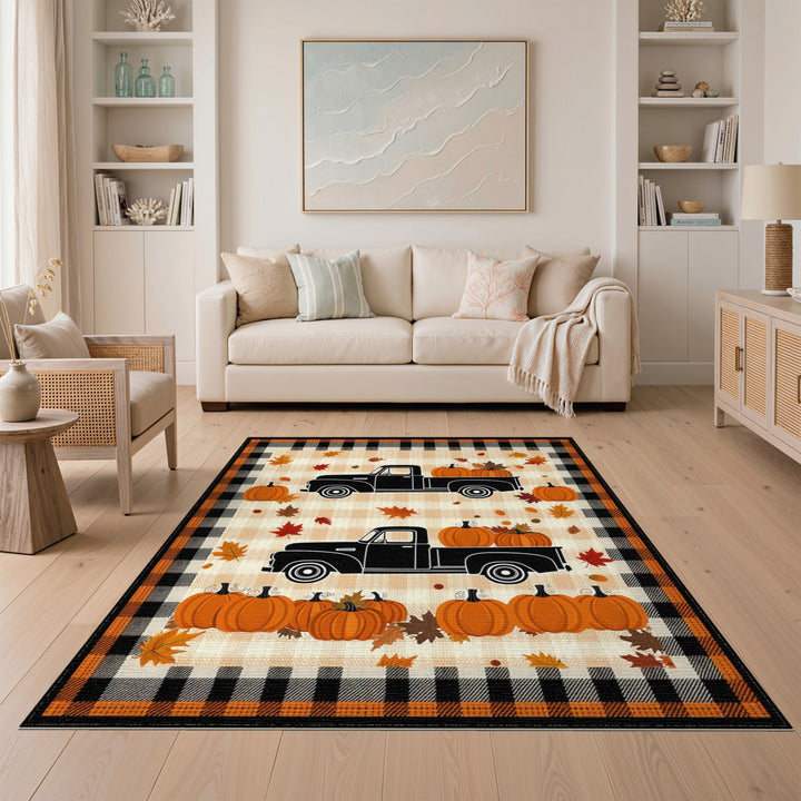 Autumn Pumpkin Truck Orange Plaid Area Rug