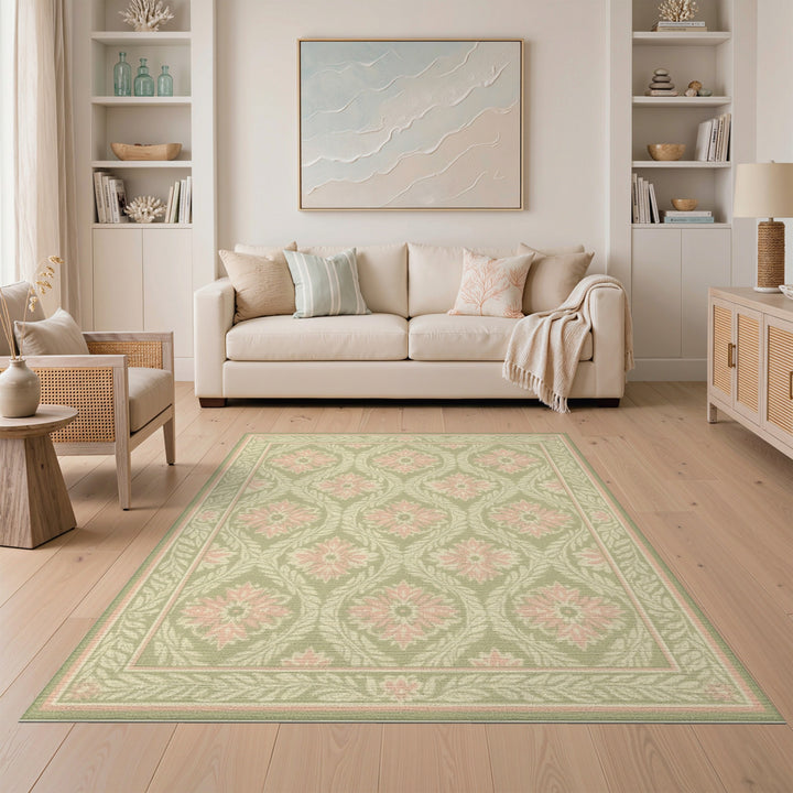 Pink Floral Sage Green Vintage Area Rug