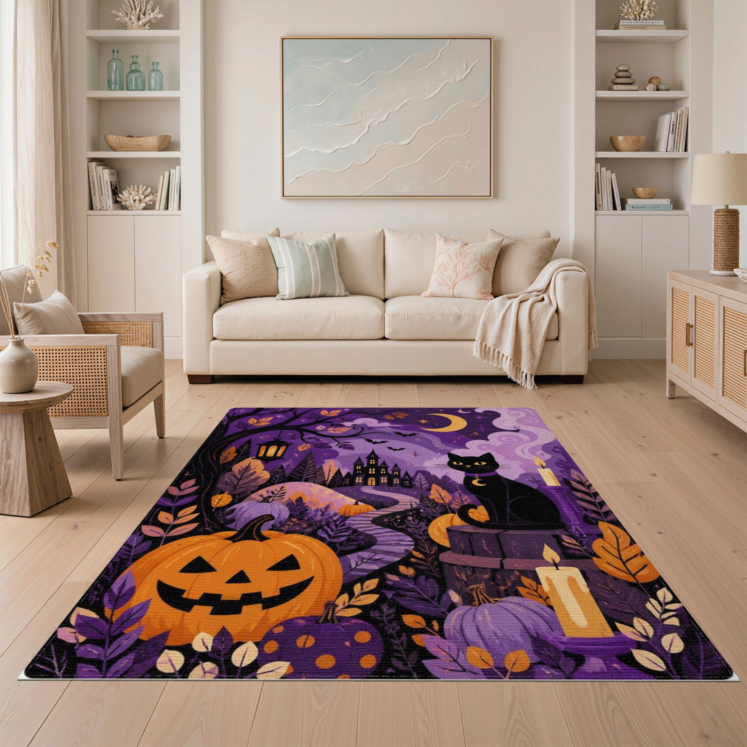 Enchanted Purple Black Cat Pumpkin Area Rug