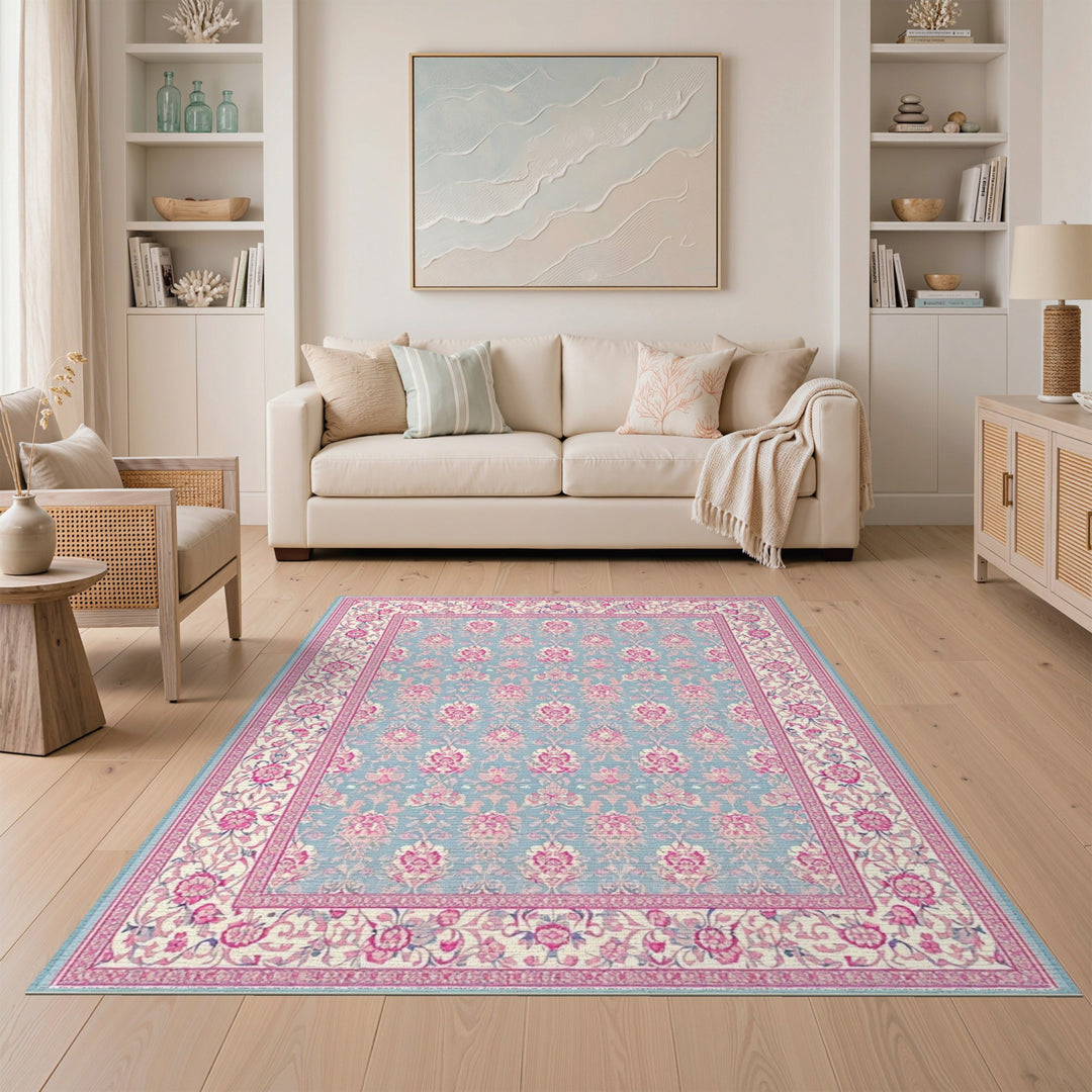 Blue Pink Floral Vintage Area Rug