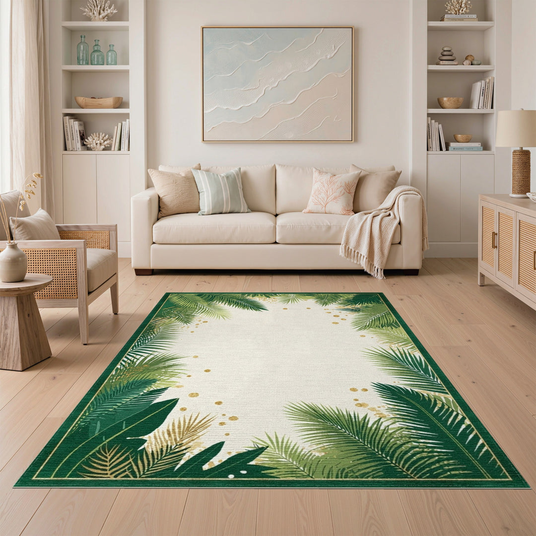 Boho Chic Green Palm Leaf Area Rug with Gold Accents