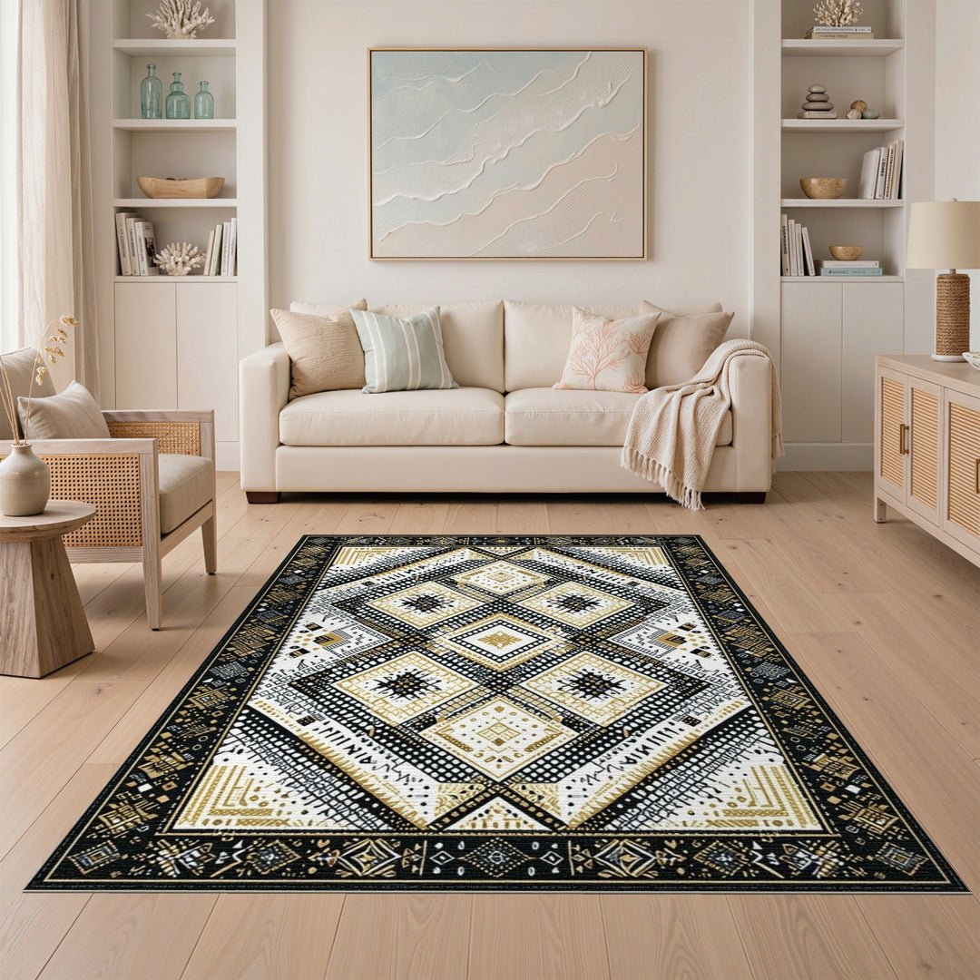 Black and White Black Gold Geometric Diamond Area Rug