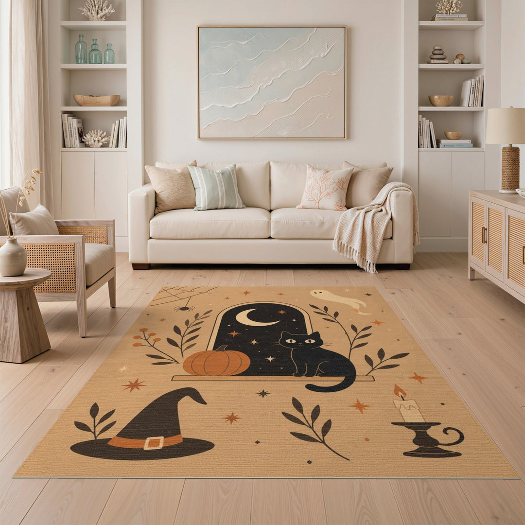 Brown and Tan Halloween Black Cat Pumpkin Area Rug