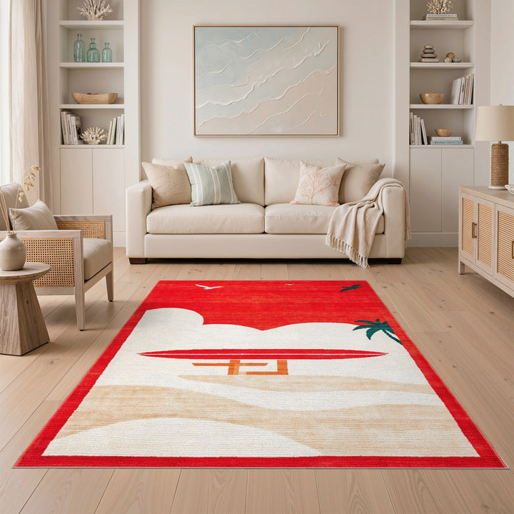 Red Sunset Surfboard Coastal Area Rug