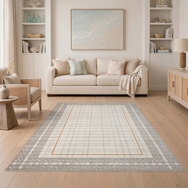 Neutral Grid Plaid Area Rug with Orange Border