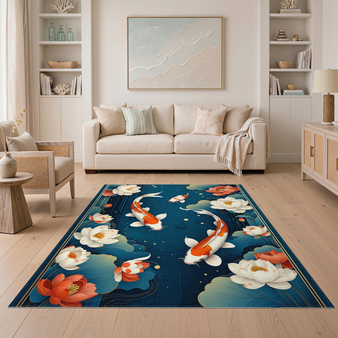 Koi Lotus Blue Washable Area Rug