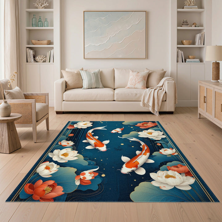 Koi Lotus Blue Washable Area Rug