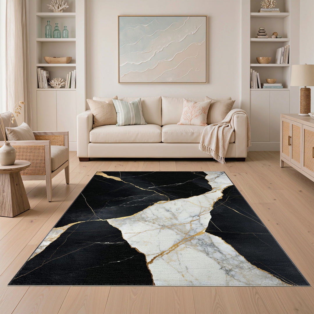 Black and White Black Marble Gold Vein Abstract Area Rug