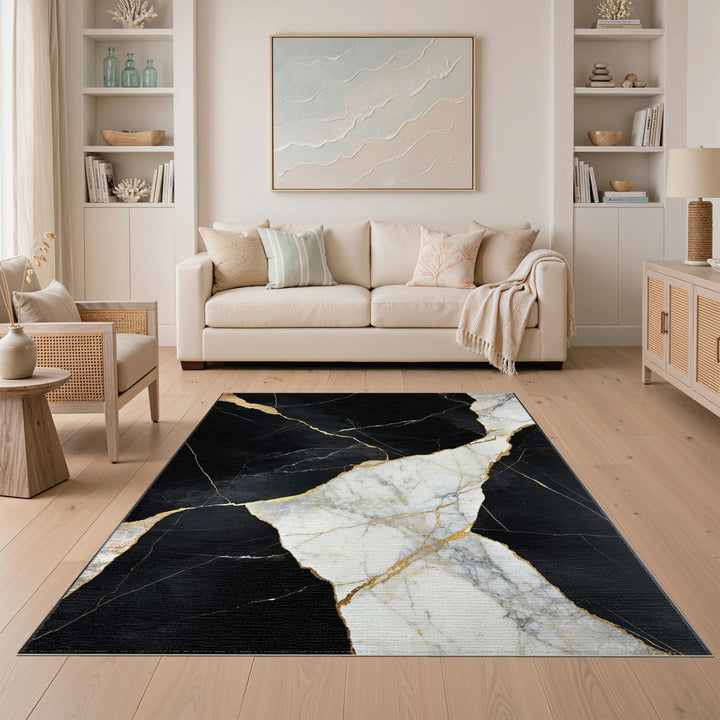 Black and White Black Marble Gold Vein Abstract Area Rug