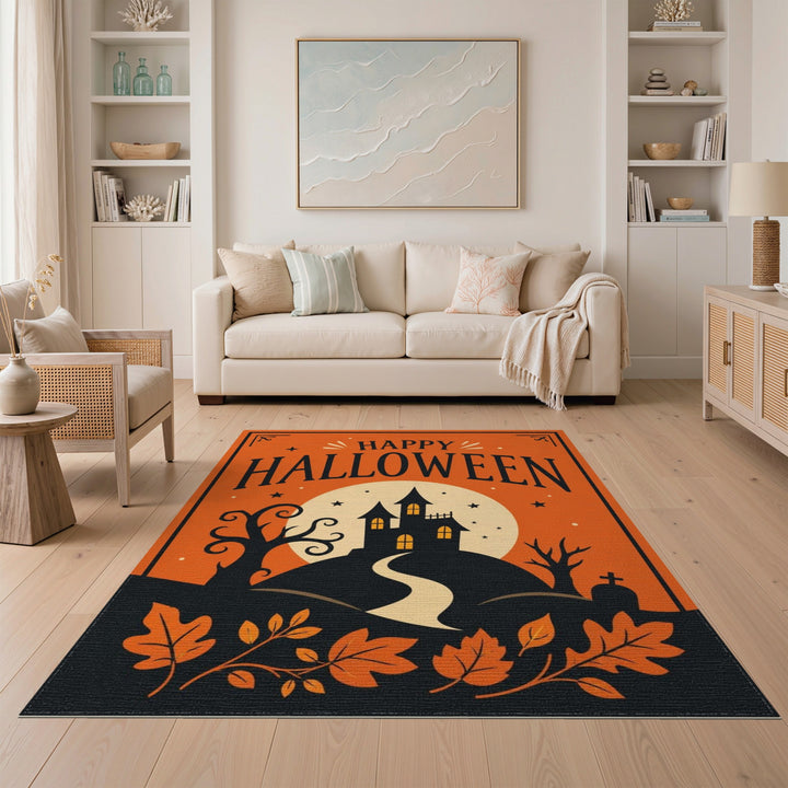 Orange Happy Halloween Haunted House Area Rug