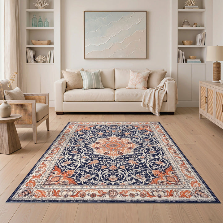 Navy Blue Orange Persian Medallion Traditional Persian Area Rug