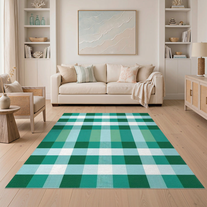 Green Checkered Washable Geometric Modern Area Rug